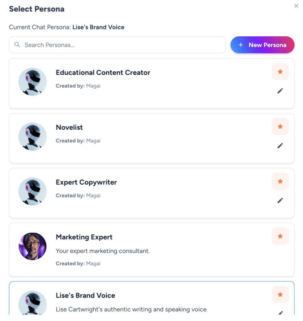Glimpse of Magai's built-in and custom personas